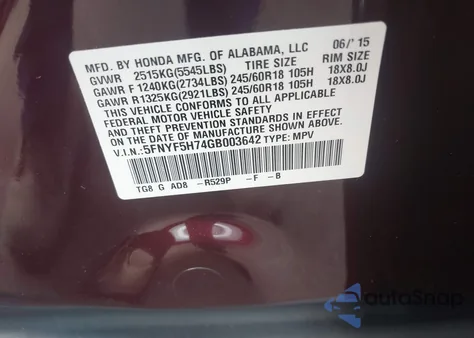 2016 Honda Pilot Ex-L from USA, damaged, VIN 5FNYF5H74GB003642